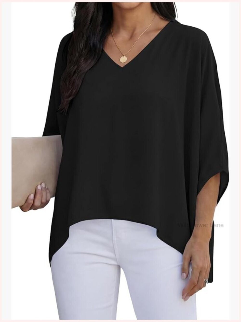 Women's Casual V Neck Batwing Long Sleeve Blouse Tunic Top